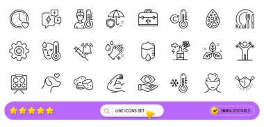 El yıkama, patates kızartması ve internet uygulaması için takas simgeleri. Bir paket Şemsiye, yapay renkler, ilk yardım ikonları. Hayvan bakımı, termometre, sağlık işaretleri. Kalori. Arama barı. Vektör