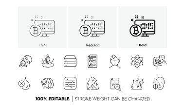 Stres, su geçirmez değil ve sunucu satırı simgeleri. Bitcoin sistemi paketi, atom çekirdeği, ikonu incele. Depresyon tedavisi, ateş enerjisi, filtre görüntüleme. Artırılmış gerçeklik, rapor belgesi. Vektör