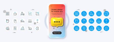3D sohbet simgesiyle telefon modeli. Yer lambası, Armchair ve Cappuccino hattı ikonları. Bir paket kapı, çay, duvar kâğıdı ikonu. Mobilya taşıma, uyku, giriş resimleri. Vektör