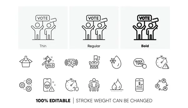 stock vector Auction hammer, 5g wifi and Voting campaign line icons. Pack of Group, Timer, Teamwork icon. Freezing water, Shield, Quick tips pictogram. Attention, Cyber attack, Mobile finance. Get boxGears. Vector