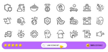 Web uygulaması için yaratıcı fikir, sosyal sorumluluk ve havai fişek hattı simgeleri. Bir paket Bell, teletıp, resimli makarna ikonları. Yozlaşmış, tıklayan el, kimya laboratuvar işaretleri. Arama barı. Vektör