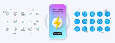 Kalkan, Coronavirus ve Elektronik termometre çizgisi simgeleri. 3D enerji ikonlu telefon modeli. Kontrol listesi, tıbbi maske, Celsius termometre ikonu. Vektör