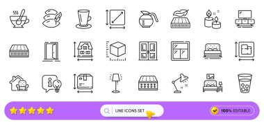 Masa lambası, mobilya taşınması ve web uygulaması için yatak hattı simgeleri. Bir paket yastık, kare alan, yatak resimli resim simgeleri. Hafif yatak, çay fincanı, kapı işaretleri. Televizyon standı, kahve demliği, çay fincanı. Vektör
