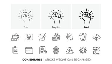 Güçlendir, Şimşek ve Bulut koruma hattı simgeleri. Proje düzenleme paketi, Yapay Zeka, Takvim simgesi. Video konferansı, siber saldırı, görüntü taraması. Parmak izi. Vektör
