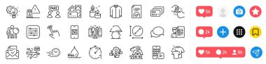 Sahte bilgiler, benzin istasyonu ve Temiz tişört çizgisi simgeleri. Sosyal medya simgeleri. Onaylanmış belge, Filtre, Hızlı dağıtım web simgesi. Telefon uygulaması, imleç, resimli kart. Vektör