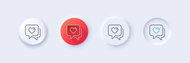 Kalp çizgisi ikonu. Neumorfik, kırmızı gradyan, 3 boyutlu iğne düğmeleri. Sohbete bayılırım. Sevgililer Günü sembolü. Satır simgeleri. Taslak işaretli neumorfik düğmeler. Vektör
