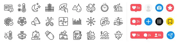 stock vector Bar diagram, Euro rate and Sulfur mineral line icons pack. Social media icons. Copywriting, Time, Low thermometer web icon. Puzzle, Qr code, Voicemail pictogram. Attention, Timer, Usb stick. Vector