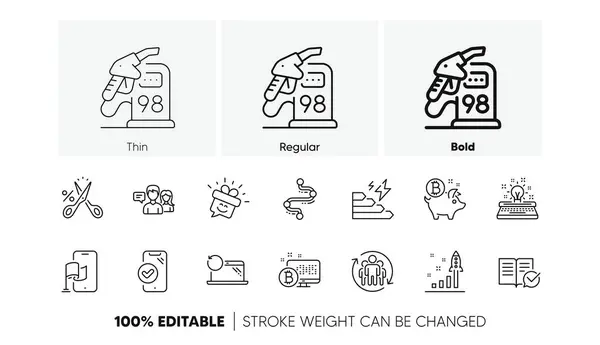 stock vector Recovery laptop, Teamwork and Typewriter line icons. Pack of Bitcoin coin, Location app, Approved phone icon. People talking, Petrol station, Bitcoin system pictogram. Consumption growth. Vector