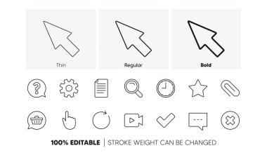 Arama, video kamera ve işaretleme. Belge, zaman ve soru işareti simgeleri. Doğrusal simge seti. Satır simgeleri ayarlandı. Vektör