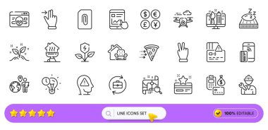 Temassız ödeme, zafer eli ve web uygulaması için yatak hattı simgeleri. Yiyecek teslimatı, arama haritası, resimli kart ikonları. İnternet raporu, ev mangalı, ödeme tabelaları. Arama barı. Vektör