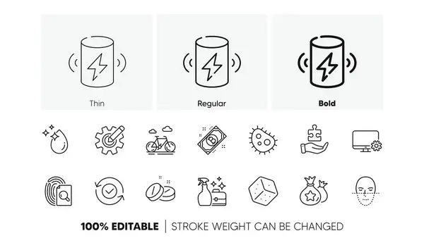 stock vector Bike, Inspect and Bacteria line icons. Pack of Security confirmed, Cogwheel, Bitcoin icon. Charge battery, Cleanser spray, Monitor settings pictogram. Loyalty points, Water drop, Puzzle. Vector