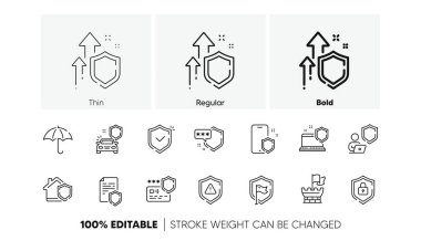 Araba sigortası, güvenlik kalkanı ve güvenli şemsiye. Savunma hattı simgeleri. Güvenlik riski, bilgisayar güvenliği ve savunma gizlilik simgeleri. Çevrimiçi bilgiyi güvene alın, Kule Kalesi ve kalkanı koruyun. Vektör
