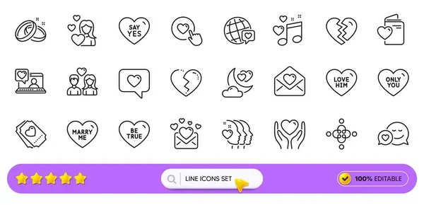 stock vector Dating, Say yes and Friends couple line icons for web app. Pack of World brand, Love, Friends chat pictogram icons. Hold heart, Like button, Love him signs. Wedding rings, Inclusion, Be true. Vector