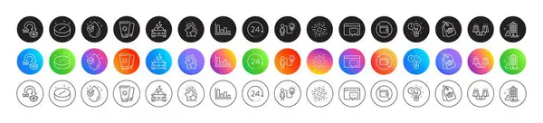 stock vector Seo message, Fireworks explosion and Medical tablet line icons. Round icon gradient buttons. Pack of Sunscreen, Moving service, Ranking stars icon. Vector