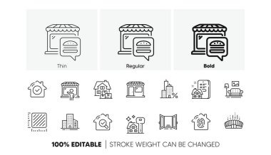 Ev taşıma, metrekare ve bina çizgisi simgeleri. İpotek paketi, gıda pazarı, pazar ikonu. Satın alma, açık kapı, resim çekimleri. Emlak ajansı, Arena Stadyumu, parmak izi girişi. Vektör