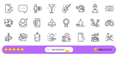 Suya dayanıklı, Smartphone bulutu ve web uygulaması için Smartphone kurtarma hattı simgeleri. Bir paket su geçirmez, elektro gitar, Pictogram ikonları. Kokteyl, kalbini tut, dondurma tabelaları. Arama barı. Vektör