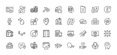 Giysi, sohbet balonu ve 5G gönderme çizgisi simgeleri. Al, Soru ve Cevap, Harita iğne simgeleri. Çevrimiçi depolama, Proje bitiş tarihi, Bulmaca web simgesi. Web dükkanı, Yoga, Bilgi Piktogramı. Vektör