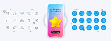 Çift sevgisi, 24 saat hizmet ve indirme çizgisi simgeleri. 3D yıldız ikonuyla telefon modeli. Duvar lambası paketi, dönüşüm, alıcı simgesi. İşadamı, Denetleme Listesi, kredi yüzde piktogramı. Vektör