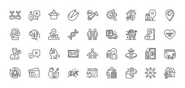 Fıstık ezmesi, Reddet ve Kimya laboratuar çizgisi simgeleri. Al, Soru ve Cevap, Harita iğne simgeleri. Çalışanların takım çalışması, güvenlik ajansı, kutu web ikonu. Kart, Ödeme, Kimya DNA Piktogram. Vektör