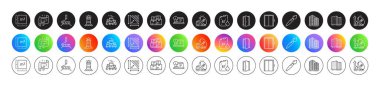 Online documentation, Boxes pallet and Diesel canister line icons. Round icon gradient buttons. Pack of Wholesale inventory, Lift, Skyscraper buildings icon. Vector clipart