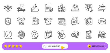 Web uygulaması için tıbbi sertifika, bağırsak ve alarm çizgisi simgeleri. Mühendislik, Artırılmış gerçeklik, Güneş enerjisi ikonları. Zamanlayıcı, Mimar planı, Yastık işaretleri. Arama barı. Vektör