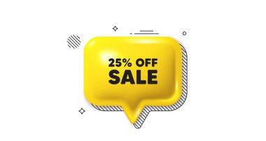 Üç boyutlu konuşma balonu simgesi. % 25 indirimli. Promosyon fiyatı tabelası. Satış rozeti sembolü. Satılık sohbet mesajı. Konuşma balonu pankartı. Sarı mesaj balonu. Vektör