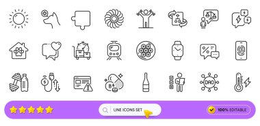 Hayvan barınağı, elektrik gücü ve web uygulaması için fan hattı simgeleri. Bir paket hızlı teslimat, şarj kablosu, güneşli hava ikonları. Bulmaca, Smartwatch, Dambıllar spor tabelaları. Vektör