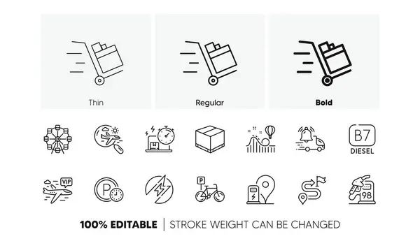 stock vector Delivery box, Journey and Delivery online line icons. Pack of Search flight, Parking time, Petrol station icon. Electric energy, Diesel, Roller coaster pictogram. Bicycle parking. Line icons. Vector