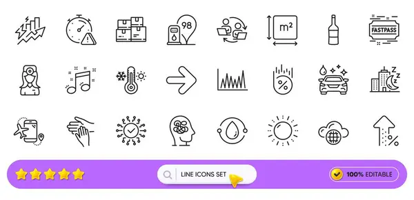 stock vector Wine, Loan percent and Teamwork process line icons for web app. Pack of Flights application, Anxiety, Petrol station pictogram icons. Night city, Consumption growth, Next signs. Search bar. Vector