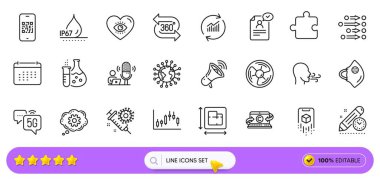 Artırılmış gerçeklik, Kimya şişesi ve web uygulaması için metin satırı simgeleri. Düzen Paketi, Su geçirmez, Yapboz resim simgeleri. Coronavirus, nefes alma egzersizi, takvim işaretleri. Vektör