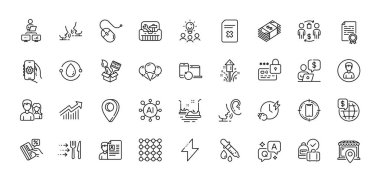 Kilitle, Bilgisayar faresi ve zaman çizgisi simgeleri yükleniyor. Al, Soru ve Cevap, Harita iğne simgeleri. Uygulama ayarları, Sil dosyası, Talk web simgesi. Vektör