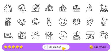 QR kodu, fotoğraf stüdyosu ve web uygulaması için Lgbt satır simgeleri. Bir paket Smile, Meeting, Smartphone 'da resim simgeleri var. Daire sigortası, indirimli uygulama, iş tabelaları. Grup üyeleri. Arama barı. Vektör