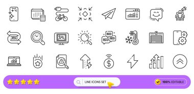 Elektrikli bisiklet, fotoğraf küçük resim ve web uygulaması için 360 derecelik çizgi simgeleri. Bir paket gülümseme sohbeti, telefon servisi, dondurucu resim ikonları. Arama belgesi, otopark, zaman yönetimi tabelaları. Vektör