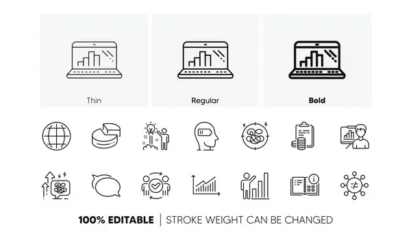 stock vector Talk bubble, Weariness and Instruction info line icons. Pack of Globe, Approved teamwork, Stress icon. Graph chart, Stress grows, Presentation board pictogram. Accounting, Creative idea. Vector