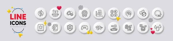 stock vector Fingerprint research, Insurance medal and Empower line icons. White buttons 3d icons. Pack of 360 degrees, Chart, Package protection icon. Loyalty ticket, Gears, Speakers pictogram. Vector