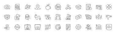 360 derece, Artırılmış gerçeklik ve Dice çizgi simgeleri. Pack of Star, Squad, internet uyarı simgesi. 24 saat hizmet, onaylandı, Seo Pictogram dosyası. ATM, Yel değirmeni türbini, Seo. Satır simgeleri. Vektör