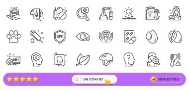 Maden yağı, Dumbbell ve Mint web uygulaması için çizgi simgeleri bırakıyor. Bir paket tıbbi ilaç, güneş koruması, organik test edilmiş piktogram ikonları. Hemşire, kimya laboratuvarı, aşı duyurusu işaretleri. Vektör