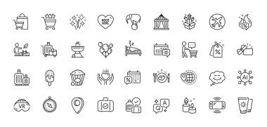 Balonlar, havai fişekler ve gülümseme çizgisi simgeleri. Al, Soru ve Cevap, Harita iğne simgeleri. Uçak modu, dünya seyahati, bagaj arabası web simgesi. Vektör