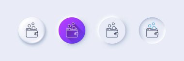 Cüzdan para çizgisi simgesi. Neumorfik, mor gradyan, 3 boyutlu iğne düğmeleri. Nakit para işareti. İş gelir sembolü. Satır simgeleri. Taslak işaretli neumorfik düğmeler. Vektör