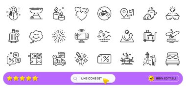 Havai fişek patlaması, indirimli sohbet ve web uygulaması için Deniz Dağları çizgi simgeleri. Bir paket Kardan Adam, Havai fişekler, Grill resim ikonları. İndirim afişi, Journey, kahve molası tabelası. Güneş gözlüğü. Vektör