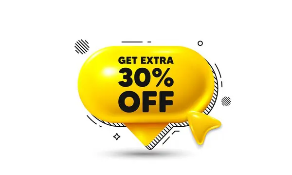 stock vector Click here speech bubble 3d icon. Get Extra 30 percent off Sale. Discount offer price sign. Special offer symbol. Save 30 percentages. Extra discount chat offer. Speech bubble banner. Vector