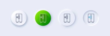 Buzdolabında buz imalatçısı ikonu var. Neumorfik, yeşil gradyan, 3 boyutlu iğne düğmeleri. Buzdolabı tabelası. Dondurucu depolama sembolü. Satır simgeleri. Taslak işaretli neumorfik düğmeler. Vektör