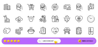 Dondurucu, Zaman Yönetimi ve web uygulaması için romantik hediye satırı simgeleri. 3D uygulama paketi, yukarı kaydırma, Kontrol Listesi resim simgeleri. Buzdolabı, gaz ızgarası, para birimi tabelaları. Bagaj kemeri. Arama barı. Vektör