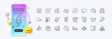 Web uygulaması için fırça, seyahat ve işsiz satırı simgeleri. Telefon modelleme gradyan ekranı. Bir paket para birimi, Brand, Pictogram ikonlarını kurtar. Vektör