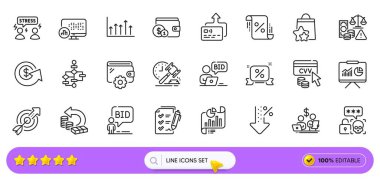 Açık arttırma, Block diyagramı ve internet uygulaması için online açık artırma hattı simgeleri. Bir paket CVV kodu, büyüme grafiği, yüzde bir Pictogram ikonu. Stres, dolar değişimi, araştırma listesi işaretleri. Vektör