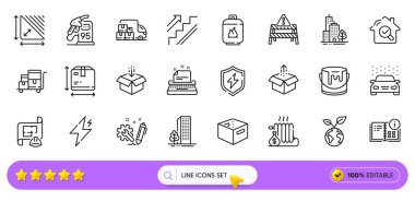 Mühendislik planı, gökdelen binaları ve web uygulaması için Üçgen alan çizgisi simgeleri. Bir paket Save gezegeni, güç güvenliği, gaz silindirli resim simgeleri. Benzin istasyonu, Mühendislik. Arama barı. Vektör