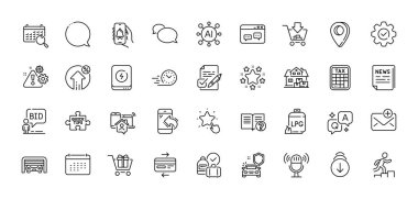 Haberci, konuşma balonu ve satır simgelerini çalıştır. Al, Soru ve Cevap, Harita iğne simgeleri. Ev taşıma, kredi kartı, alışveriş sitesi simgesi. Açık arttırma, kredi yüzdesi, hızlı ipuçları. Vektör