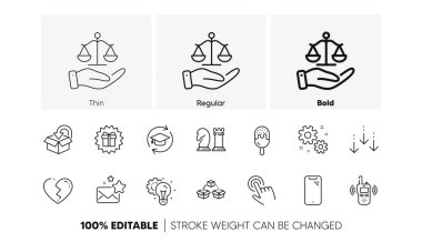 Akıllı telefon, İmleç ve Dönüş paket satırı simgeleri. Bir paket verici, iş, adalet terazisi ikonu. Sürpriz hediye, paket nakliyat, devam eden eğitim resimleri. Fikir teçhizatı, favori postalar. Vektör