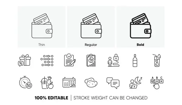 stock vector Potato, Calendar graph and Juice line icons. Pack of Rfp, Water glass, Debit card icon. Sale gift, Correct checkbox, Dots message pictogram. Lock, Order, Wine bottle. Report, 5g internet. Vector