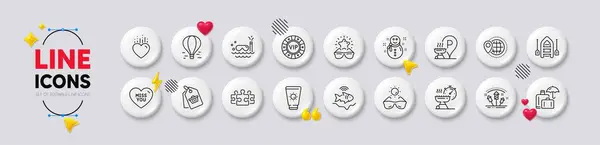 stock vector Sale tag, Sunglasses and World travel line icons. White buttons 3d icons. Pack of Sunscreen, Snowman, Vip chip icon. Luggage insurance, Fireworks rocket, Heart pictogram. Vector